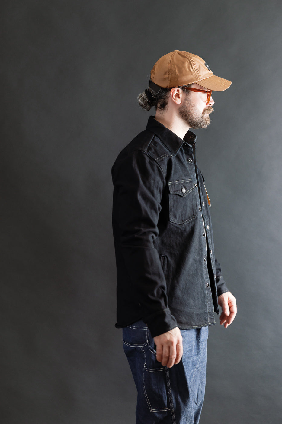 IHSH-293-OD - 18oz Vintage Selvedge Denim CPO Shirt - Indigo Overdyed Black