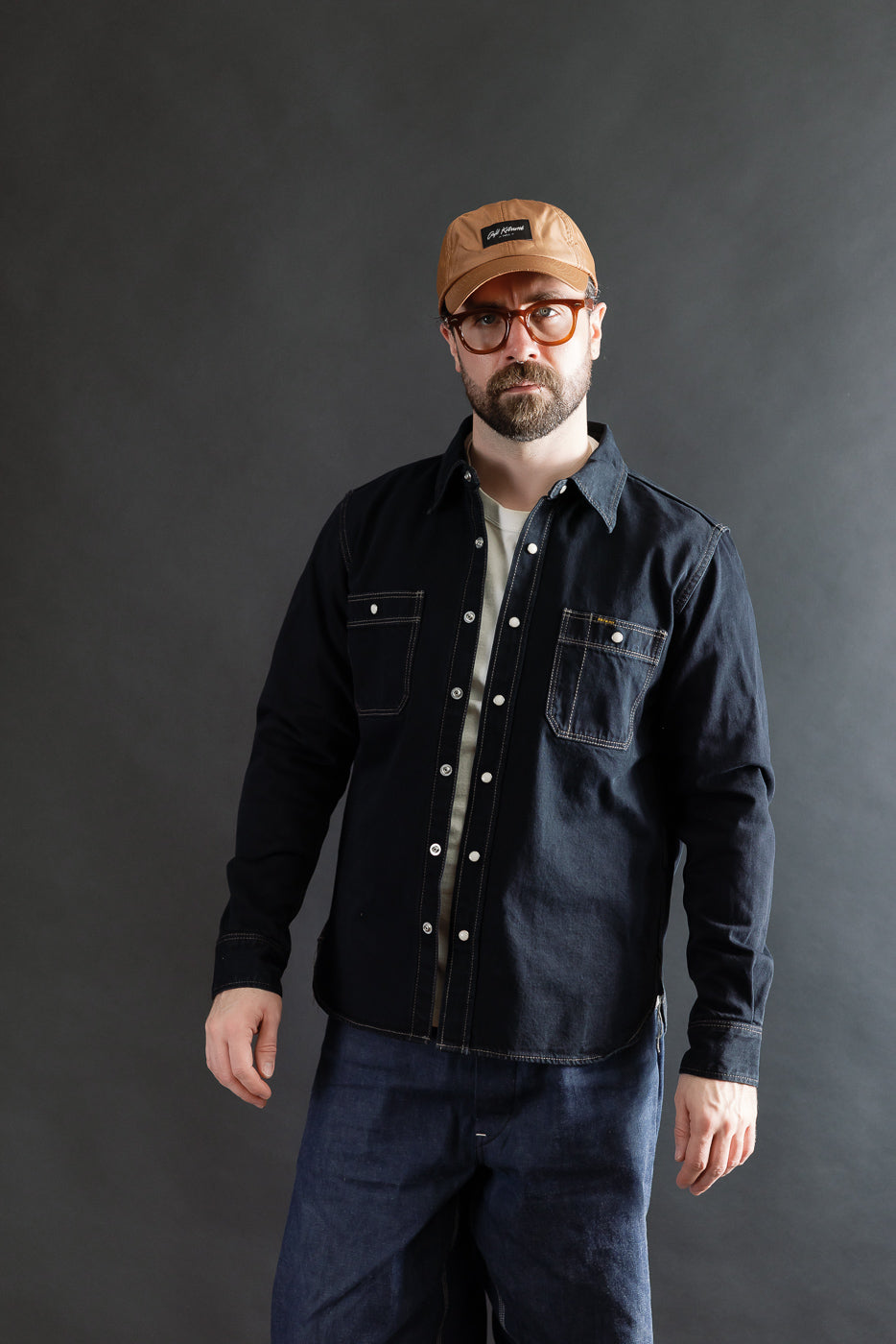 IHSH-326-OD - 12oz Selvedge Denim Work Shirt With Snaps - Indigo Overdyed Black