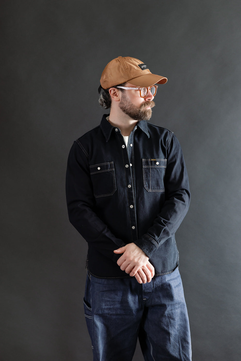 IHSH-326-OD - 12oz Selvedge Denim Work Shirt With Snaps - Indigo Overdyed Black