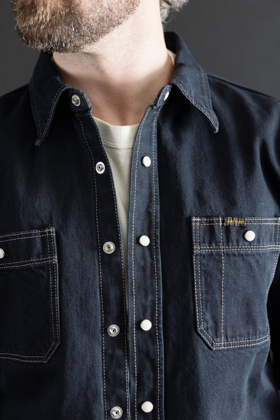IHSH-326-OD - 12oz Selvedge Denim Work Shirt With Snaps - Indigo Overdyed Black