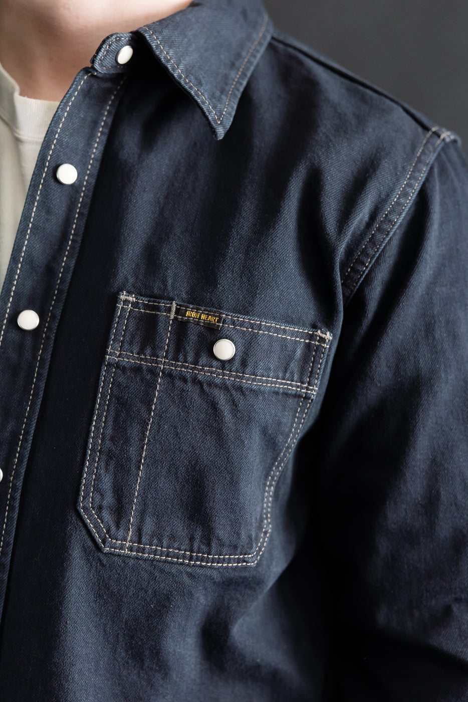 IHSH-326-OD - 12oz Selvedge Denim Work Shirt With Snaps - Indigo Overdyed Black
