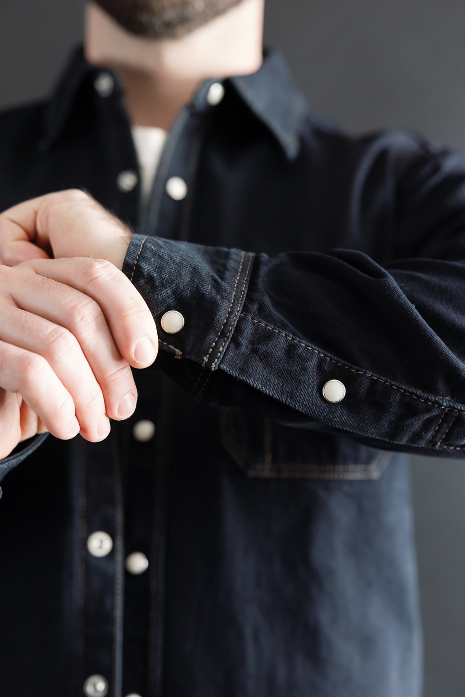 IHSH-326-OD - 12oz Selvedge Denim Work Shirt With Snaps - Indigo Overdyed Black