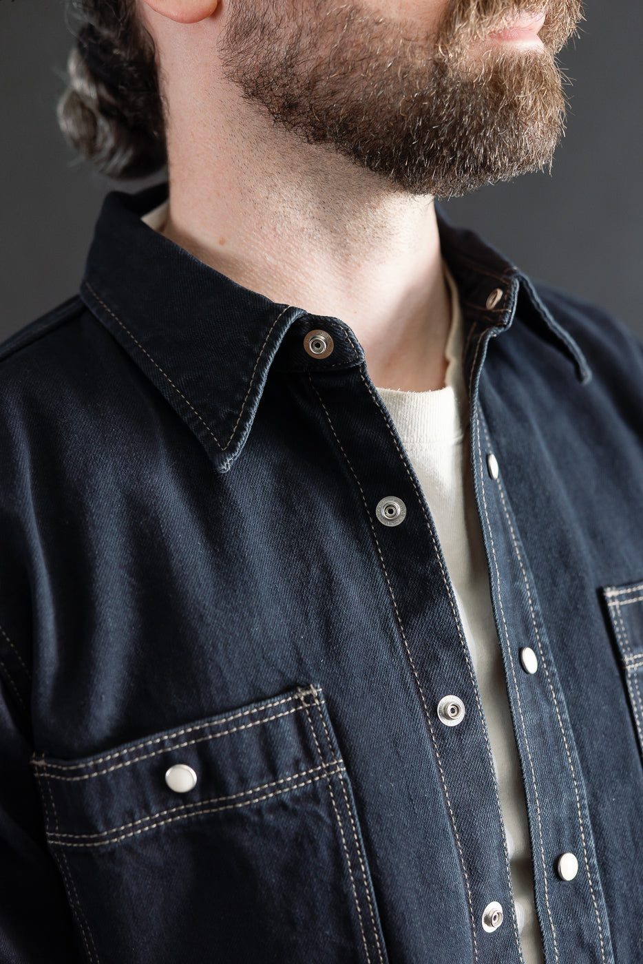 IHSH-326-OD - 12oz Selvedge Denim Work Shirt With Snaps - Indigo Overdyed Black