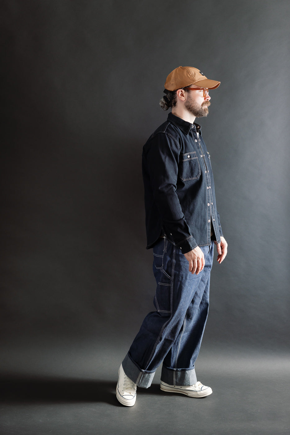 IHSH-326-OD - 12oz Selvedge Denim Work Shirt With Snaps - Indigo Overdyed Black