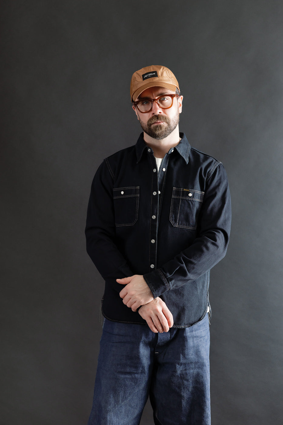 IHSH-326-OD - 12oz Selvedge Denim Work Shirt With Snaps - Indigo Overdyed Black