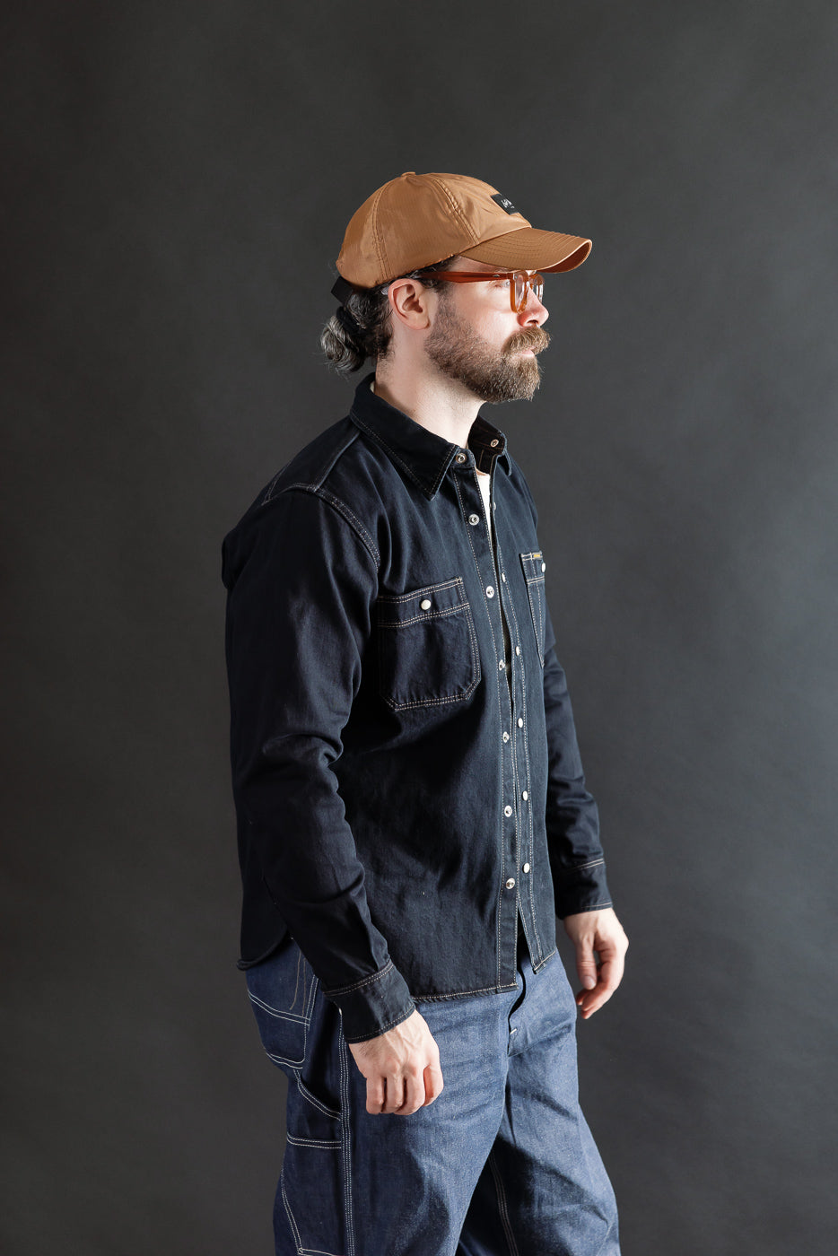 IHSH-326-OD - 12oz Selvedge Denim Work Shirt With Snaps - Indigo Overdyed Black