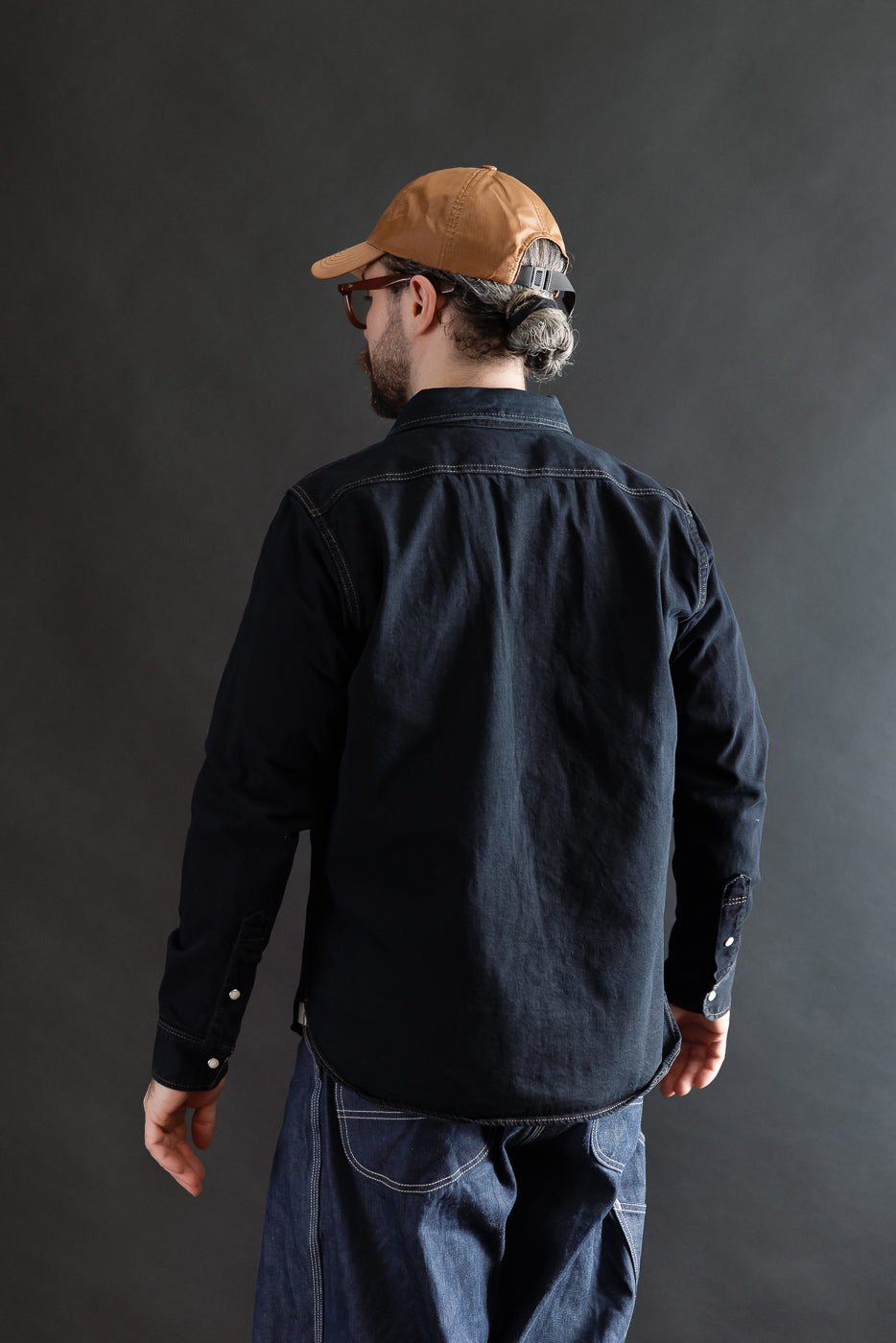 IHSH-326-OD - 12oz Selvedge Denim Work Shirt With Snaps - Indigo Overdyed Black