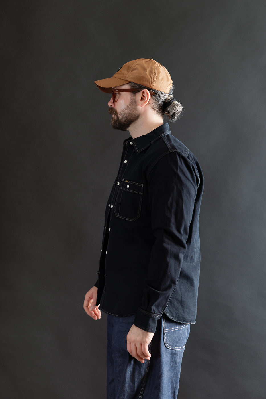 IHSH-326-OD - 12oz Selvedge Denim Work Shirt With Snaps - Indigo Overdyed Black