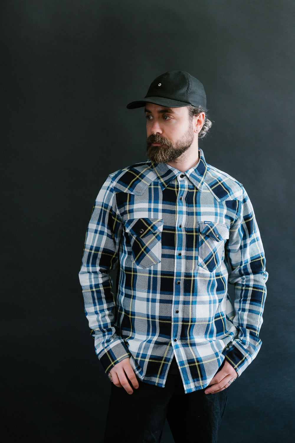 IHSH-390-BLU - 9oz Selvedge American Check Western Shirt - Blue