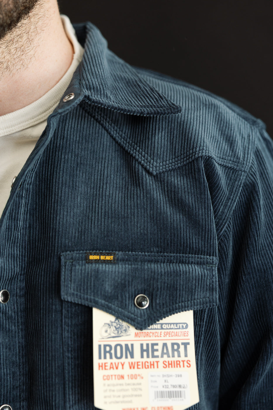 Close-up of the front left chest of a navy corduroy western shirt on a male model, showing snap button, pointed collar, chest pocket tag, and corduroy texture. Model is male, 5'9