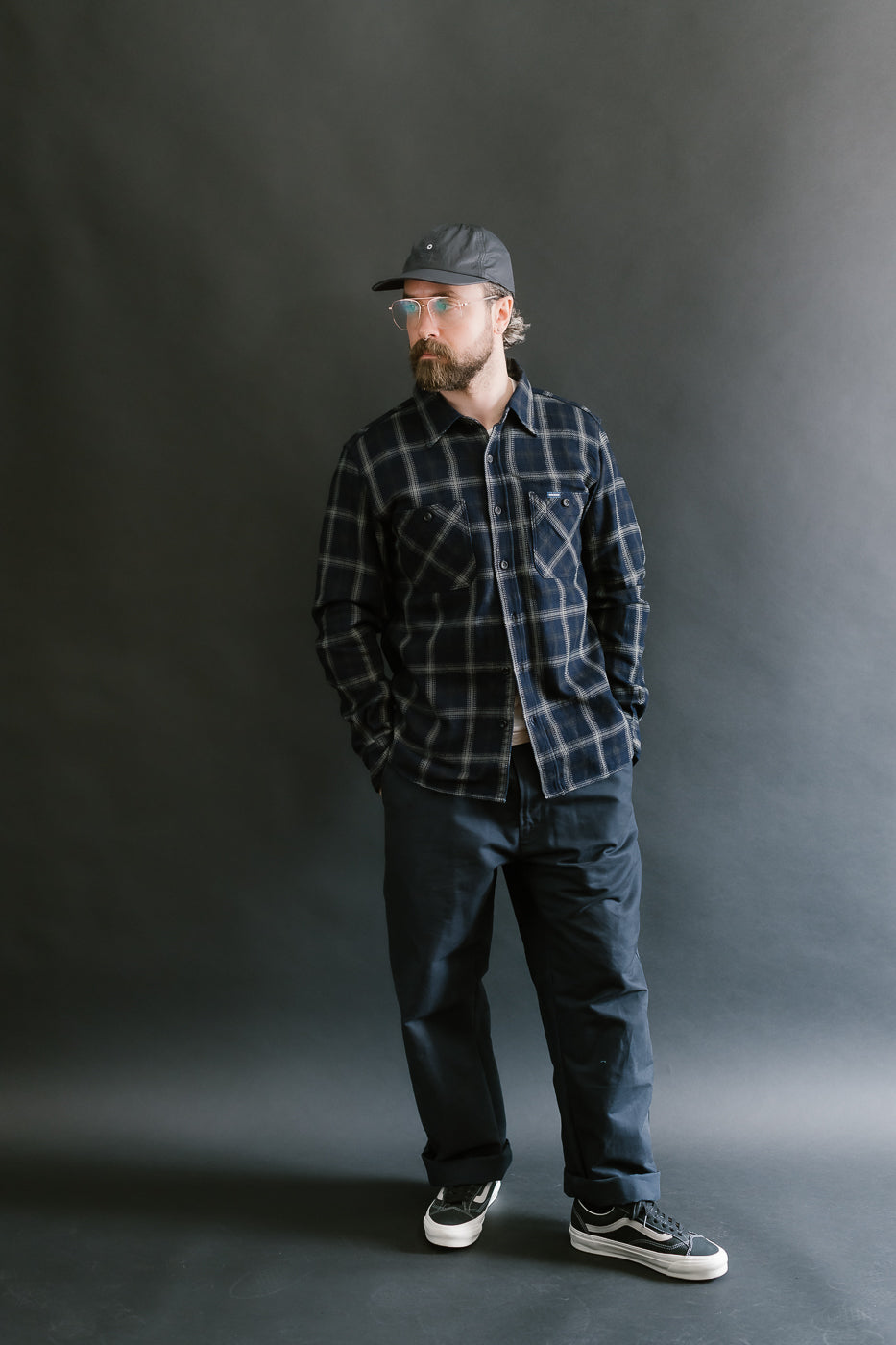 IHSH-412-BLK - 9oz Selvedge Indigo Check Flannel Work Shirt - Black
