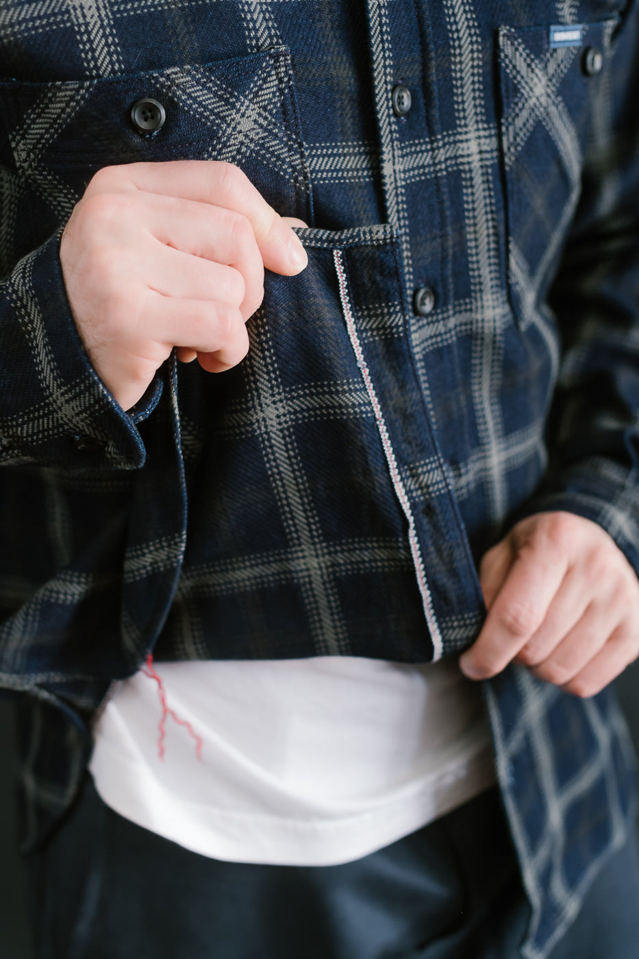 IHSH-412-BLK - 9oz Selvedge Indigo Check Flannel Work Shirt - Black