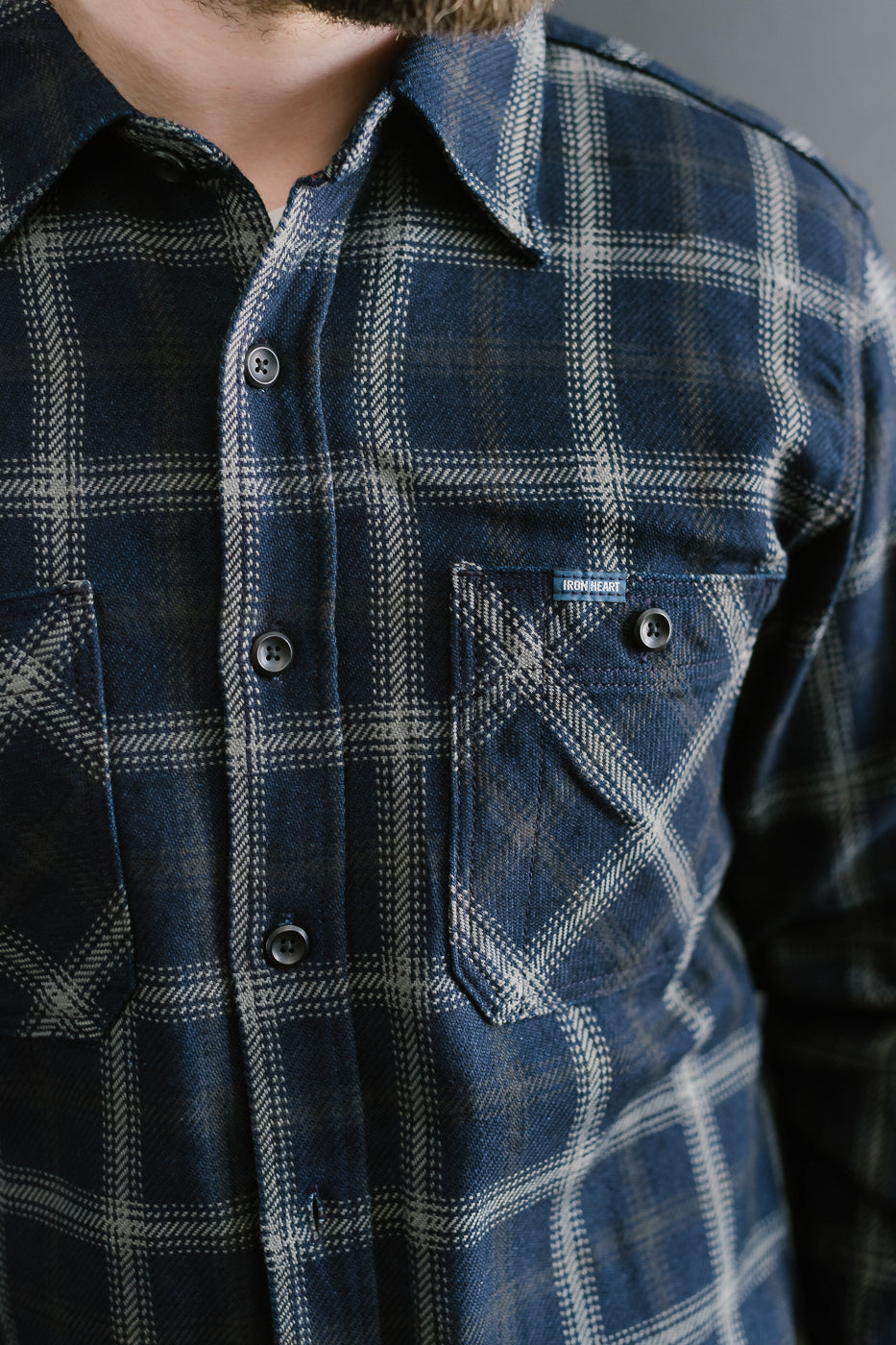 IHSH-412-BLK - 9oz Selvedge Indigo Check Flannel Work Shirt - Black