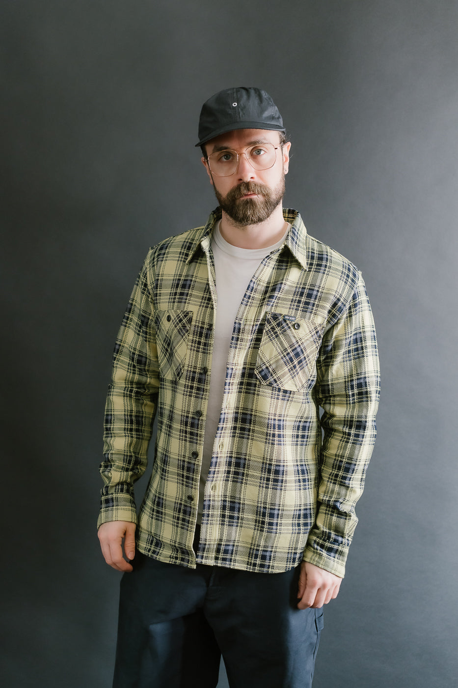 IHSH-412-YEL - 9oz Selvedge Indigo Check Flannel Work Shirt - Yellow