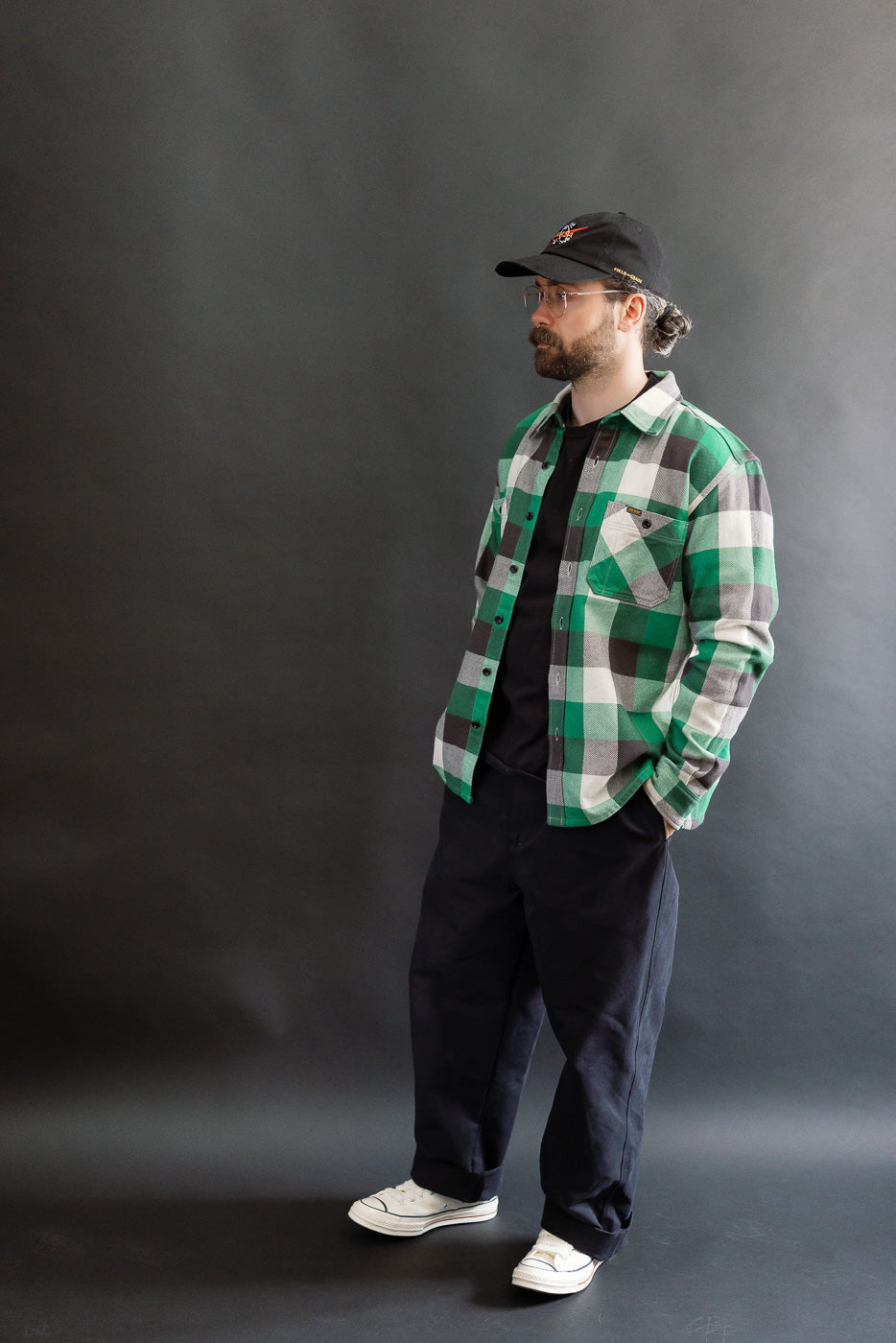 Full body front view of male model 5'9