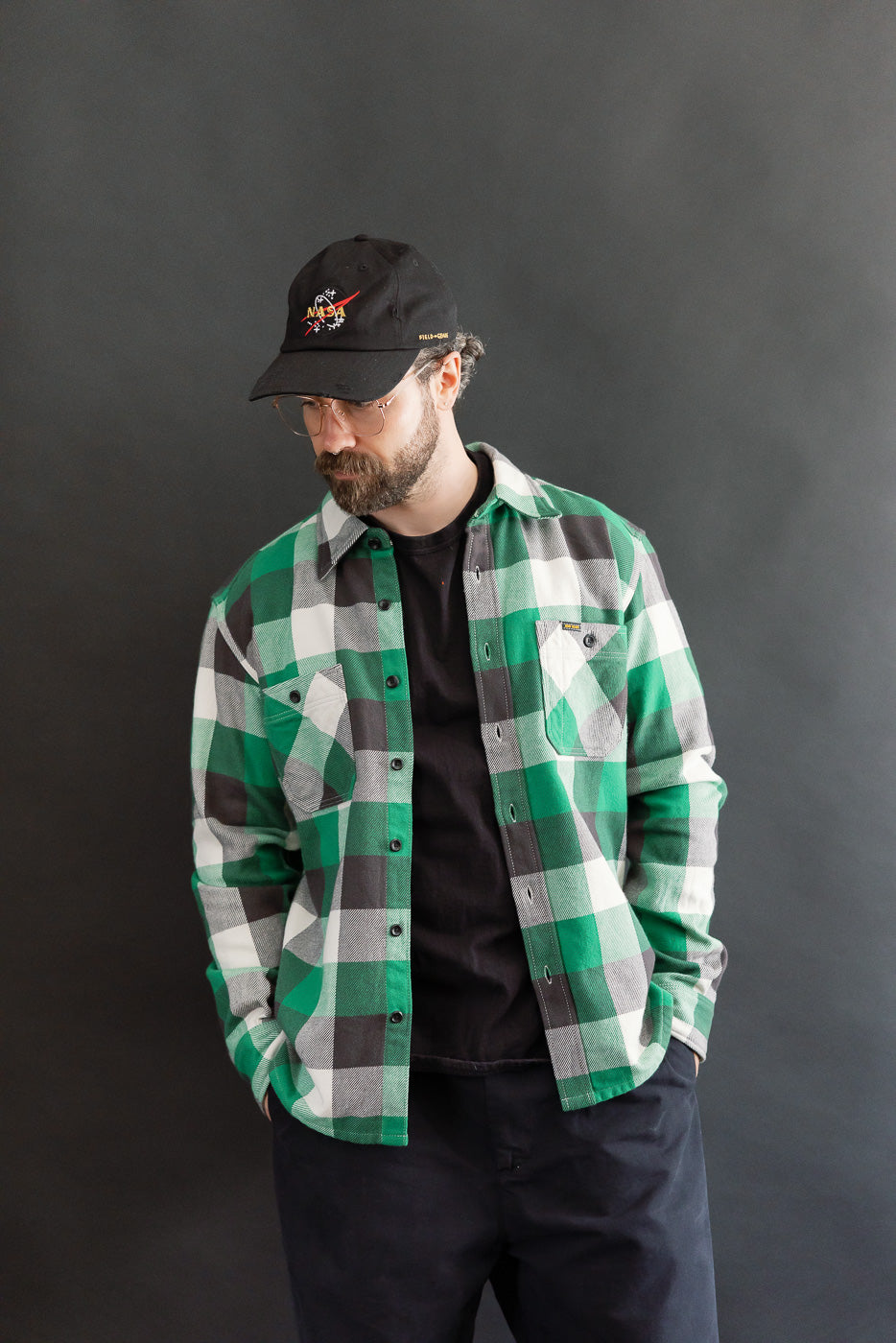 IHSH-428-GRN - Ultra Heavy Flannel Vintage Check Work Overshirt