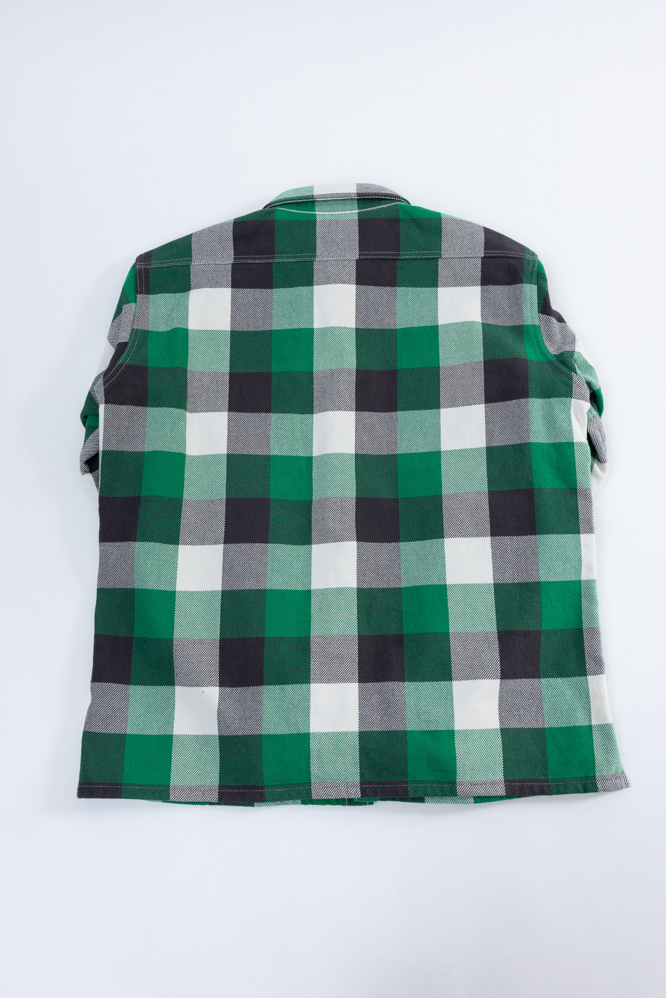 Flat lay, back view of Iron Heart IHSH-428 green ultra heavy flannel vintage check work overshirt