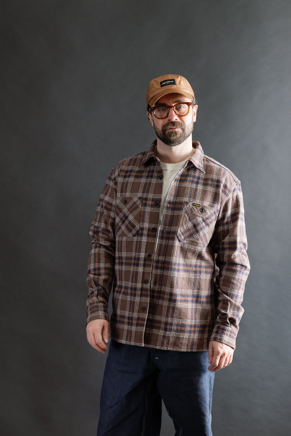 IHSH-430-BRN - Slubby Heavy Flannel Check Work Overshirt - Brown