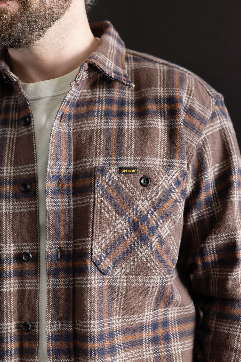 IHSH-430-BRN - Slubby Heavy Flannel Check Work Overshirt - Brown