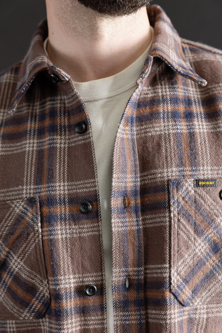 IHSH-430-BRN - Slubby Heavy Flannel Check Work Overshirt - Brown