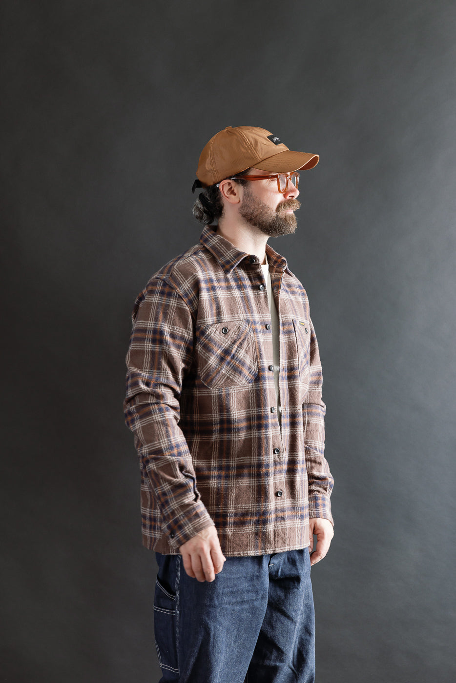 IHSH-430-BRN - Slubby Heavy Flannel Check Work Overshirt - Brown