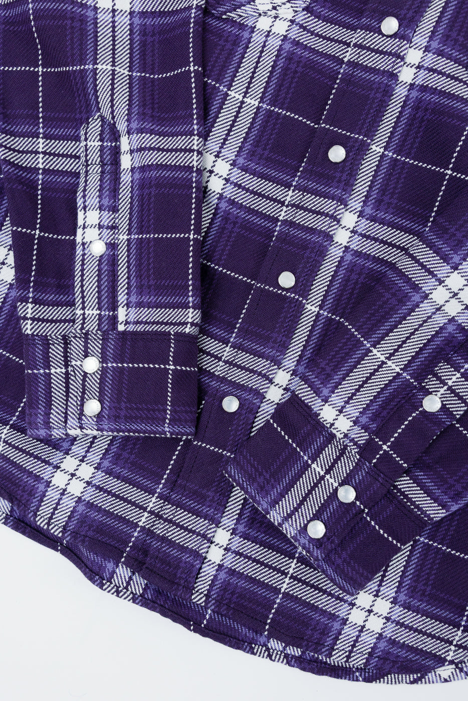 Close-up of purple plaid shirt front, showing button details and fabric texture