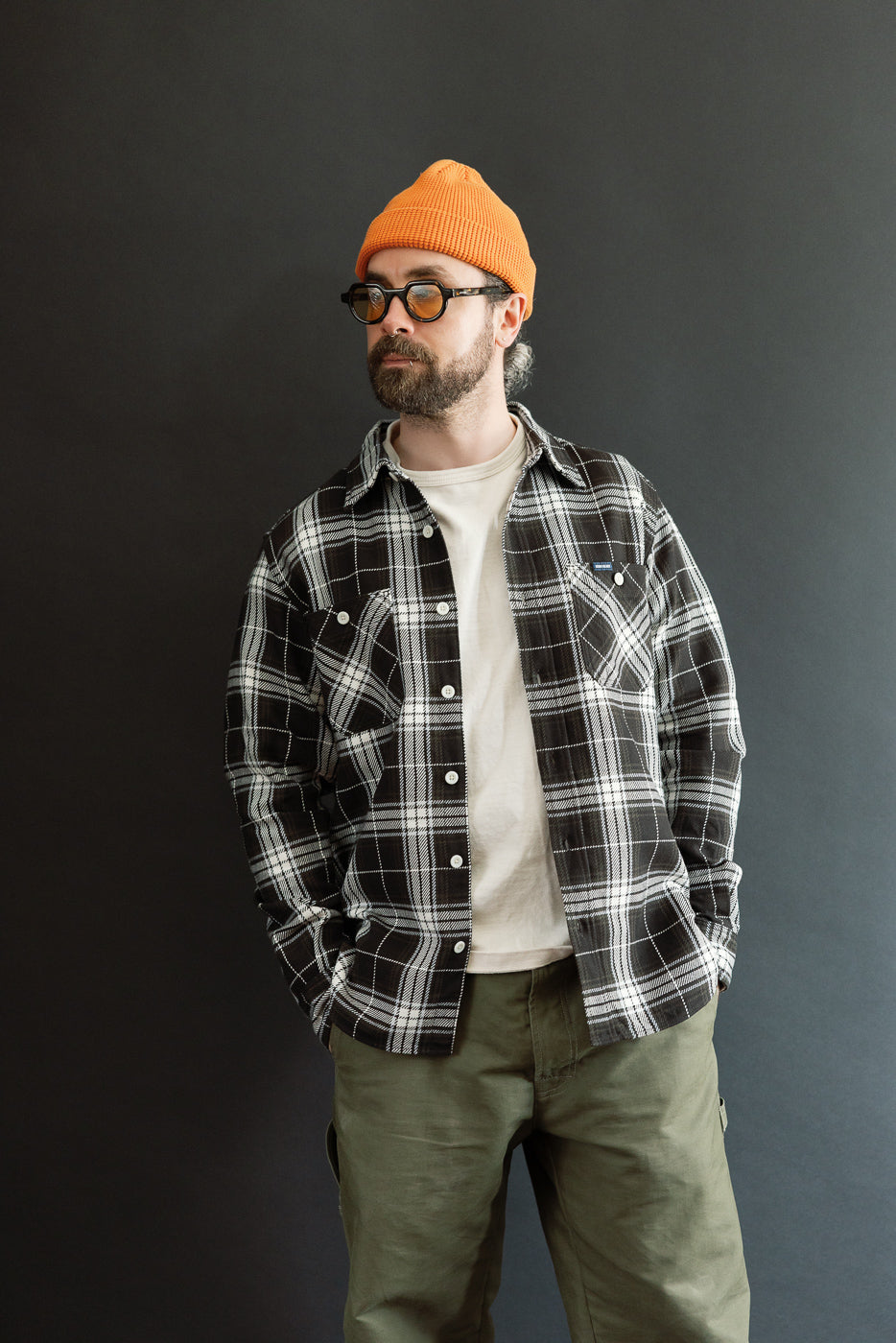 IHSH-441-BLK - 9oz Selvedge Flannel Check Work Shirt - Black | Dant