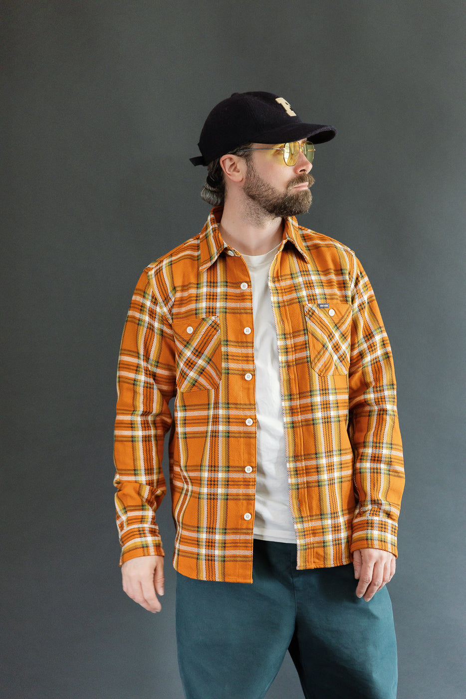 IHSH-442-ORA - 9oz Selvedge Flannel Check Work Shirt - Orange | Dant