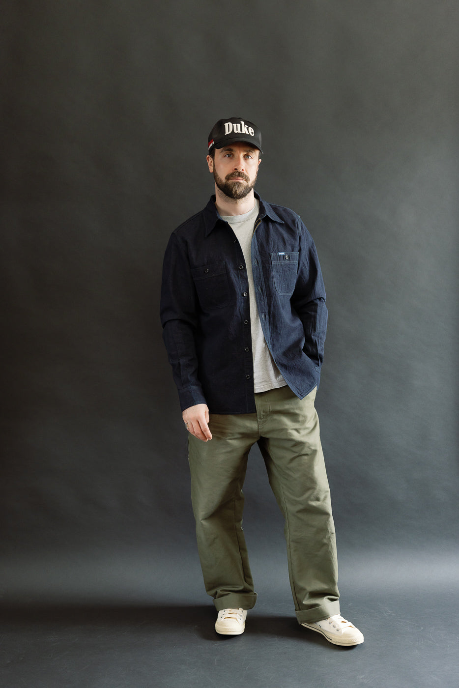 Full body front view of male model, 5'9