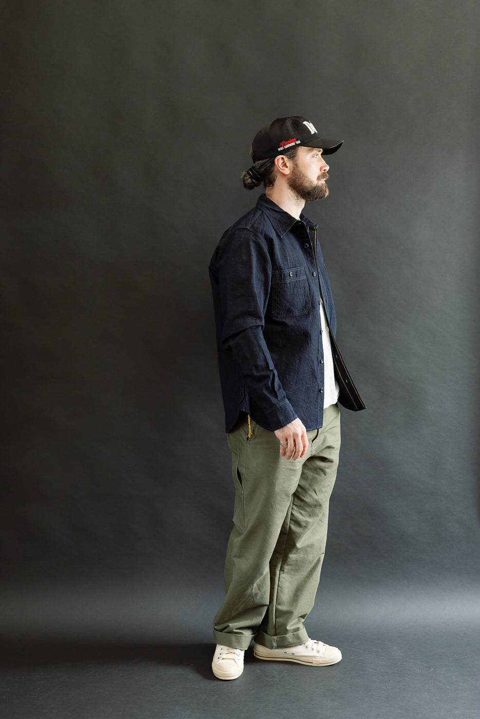 Full body side view of male model 5'9