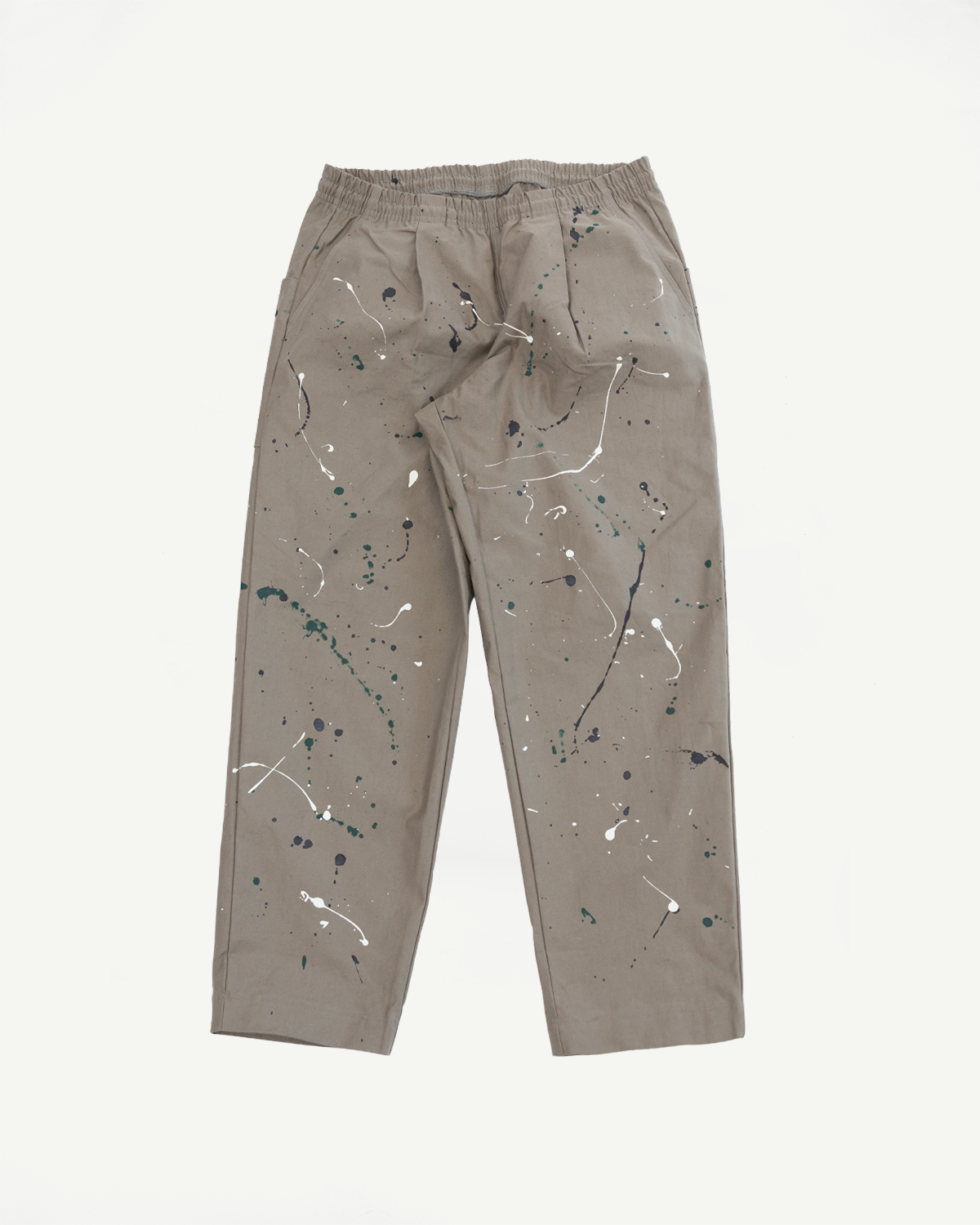 Flat lay showing the back of taupe paint-splattered casual trousers.
