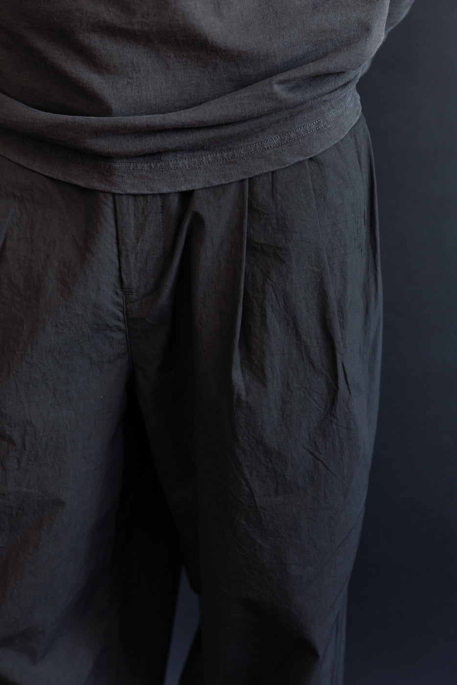Close-up front view of dark gray relaxed-fit pants with pleats, worn by male model, 5'9
