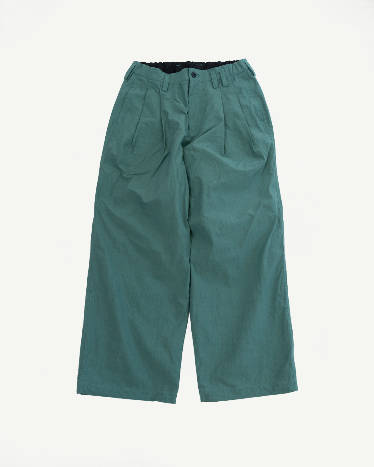 Teal wide-leg trousers, front view flat lay, showing pleats, button waist, and relaxed fit for casual wear.