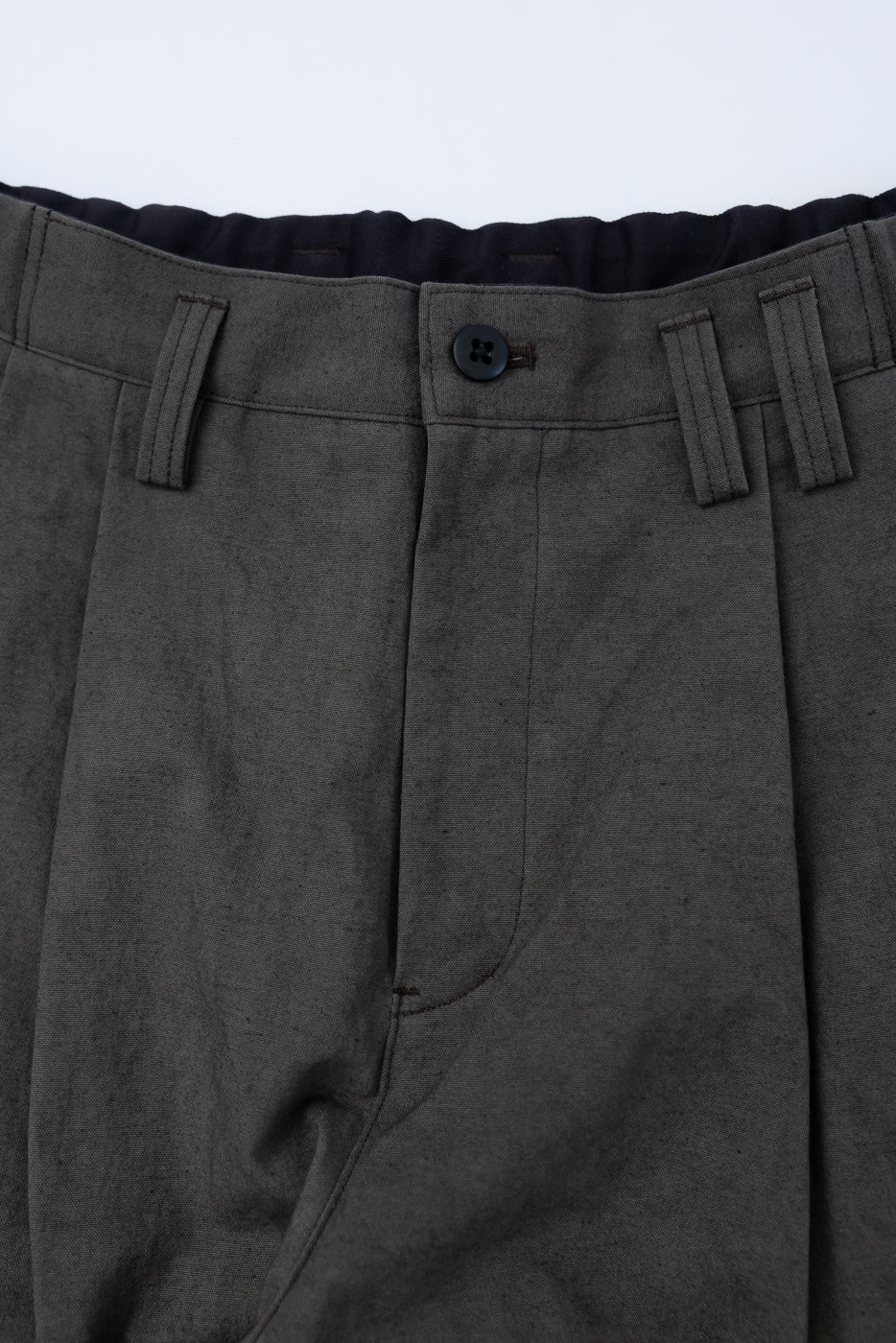 Close-up of front waist and upper leg of dark moss gray canvas trousers, showing button, belt loops, and fabric texture.