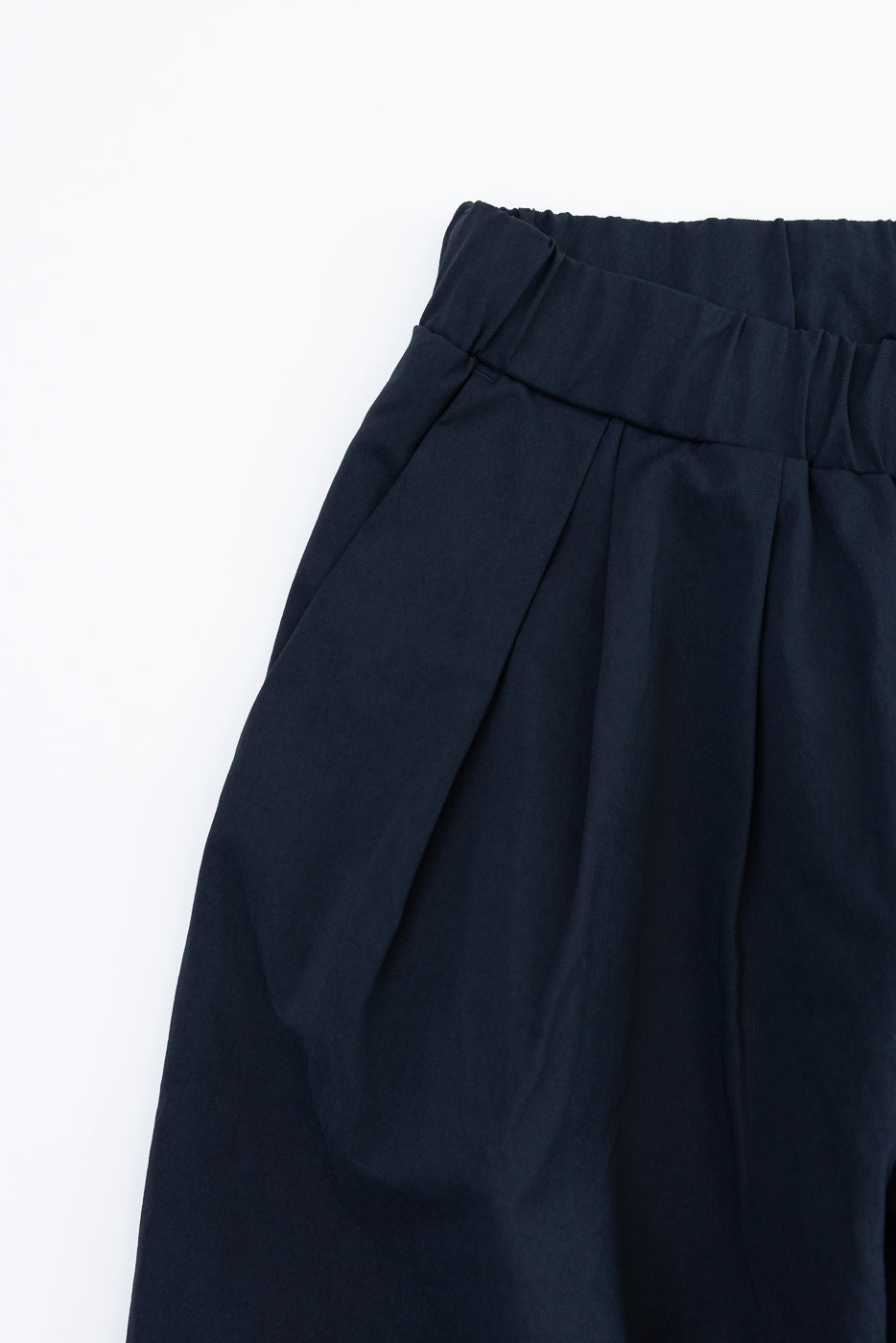 Close-up front view of navy pleated trousers with elastic waistband, showcasing fabric texture and tailored fit