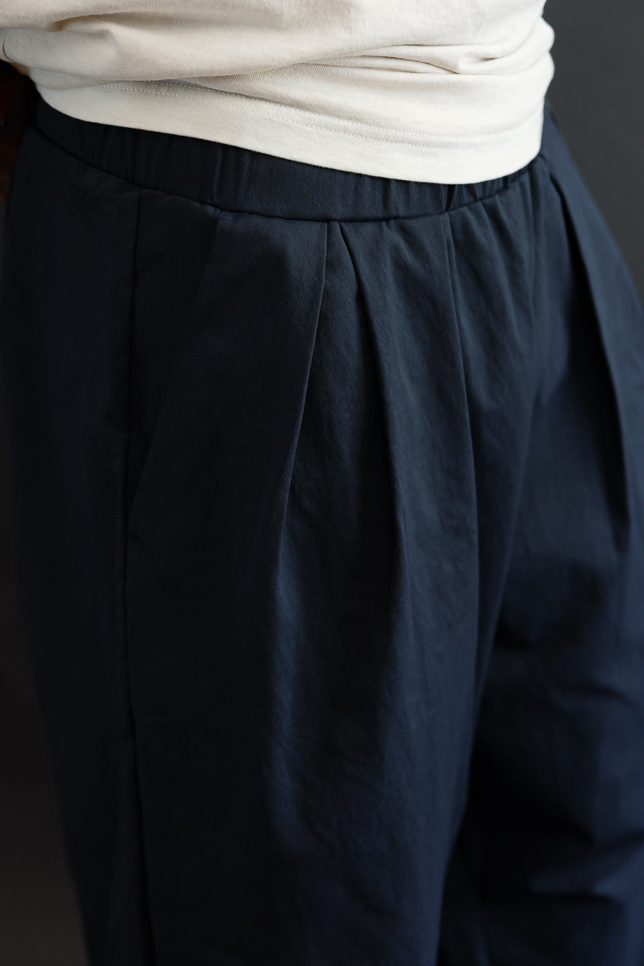 Close-up front view of navy pleated pants on male model, showcasing elastic waistband and fabric texture.