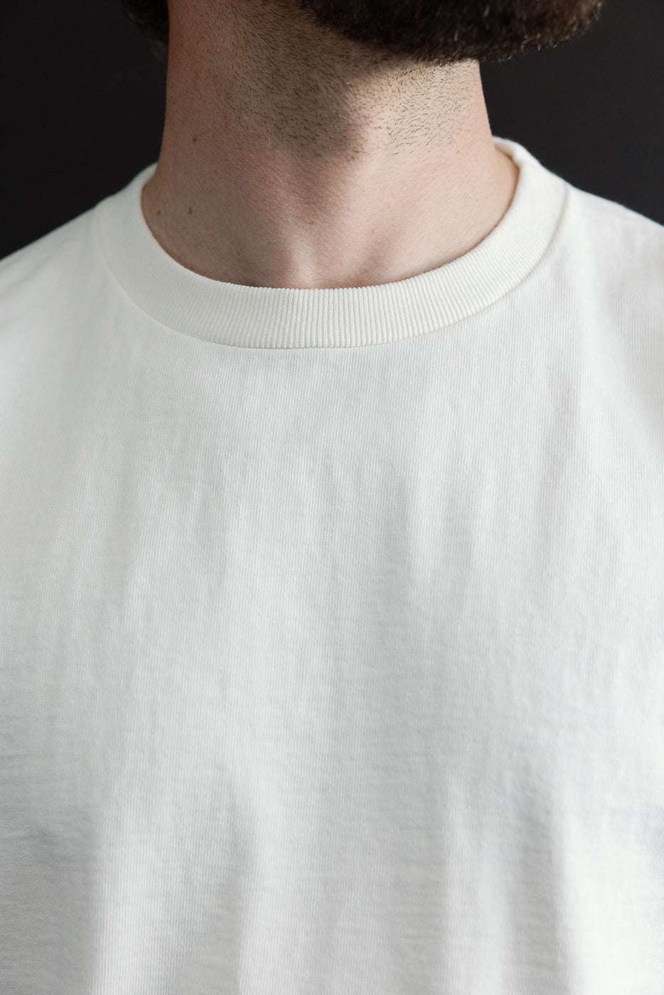 Close-up front view of white crewneck tee, ribbed collar, worn by male model, athletic build