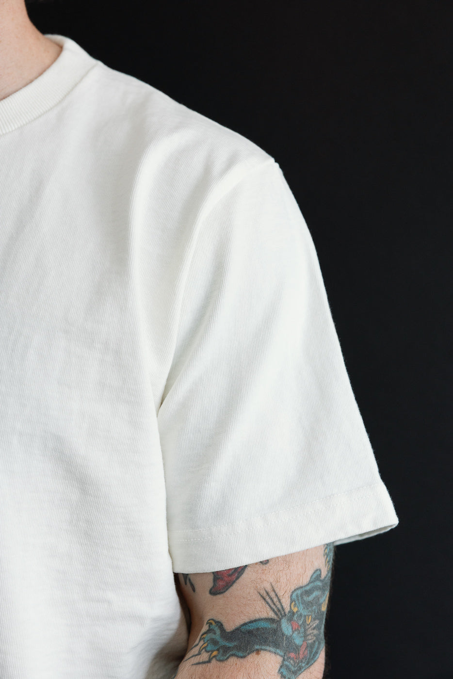 Close-up of white t-shirt sleeve and shoulder, male model with tattoos, athletic build