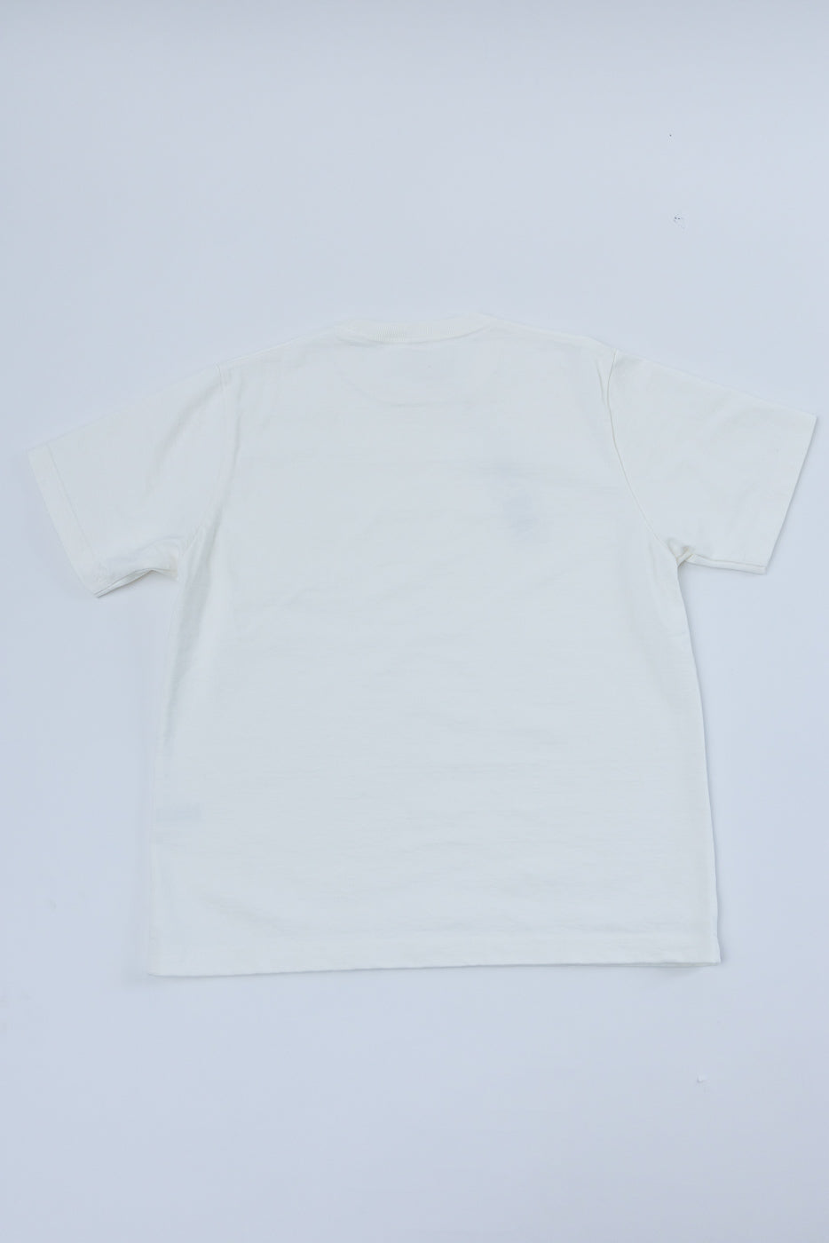 Flat lay, back view of off-white short-sleeve t-shirt with ribbed crew neck and straight hem