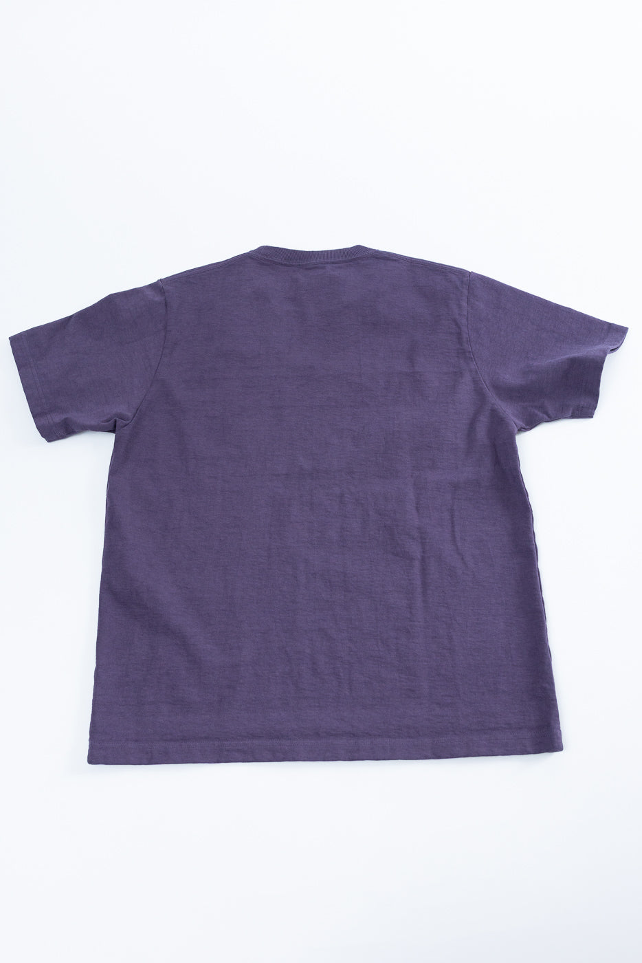 Flat lay back view of purple short-sleeve t-shirt with ribbed crew neck and straight hem, showcasing fabric texture.