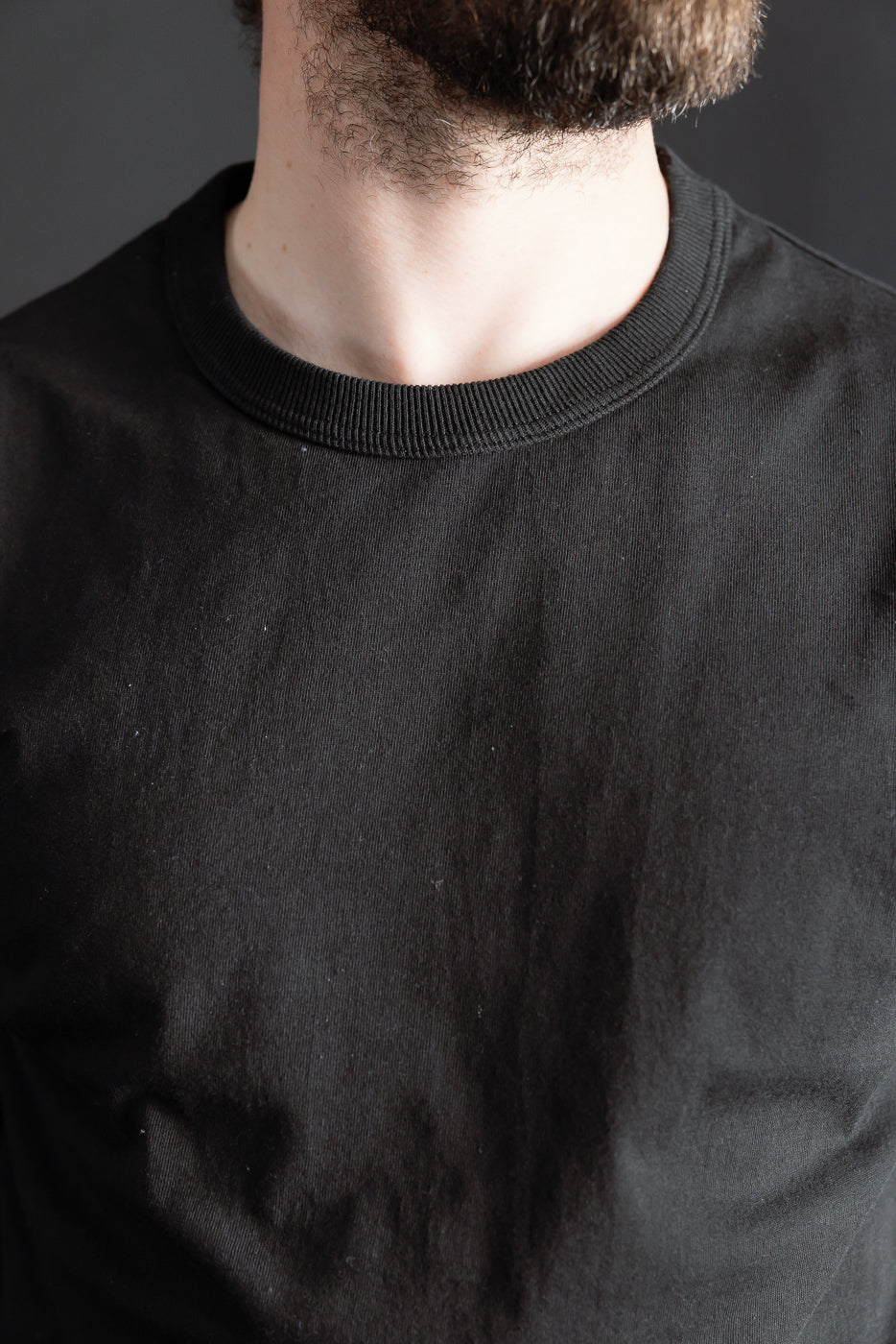 Close-up front of black t-shirt on male model, showing collar and fabric texture, Dant