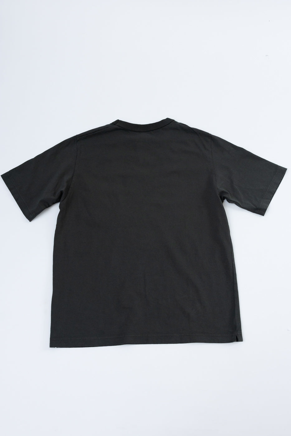 Black t-shirt back view, flat lay, showcasing clean hem and crew neck design