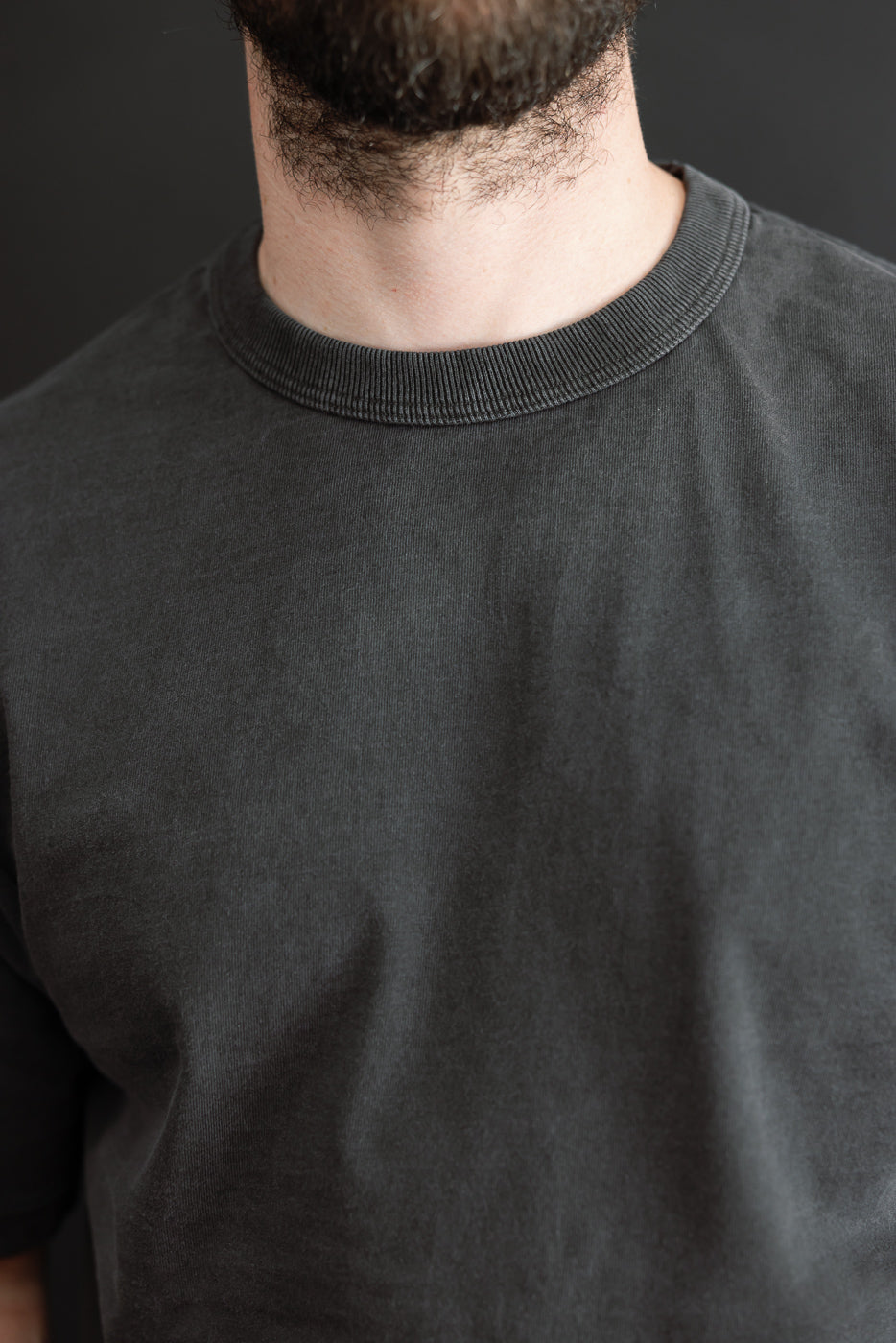 Close-up front view of a male model wearing a dark gray crewneck tee with ribbed collar detail.