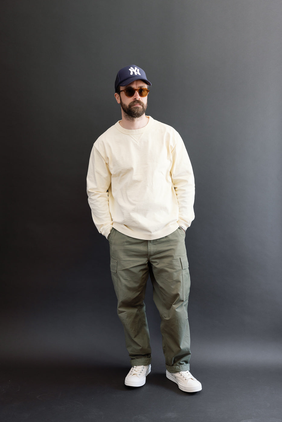 Full body front view of male model, 5'9