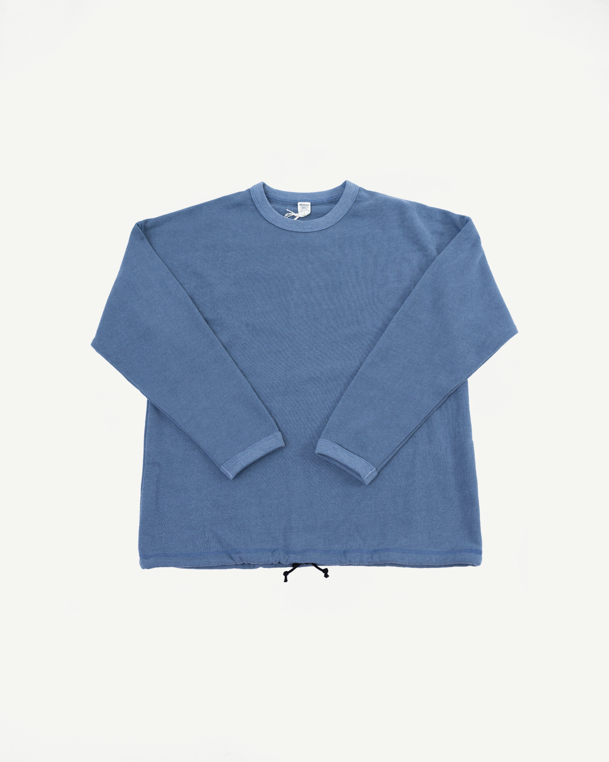 Blue long-sleeve shirt on a light gray background