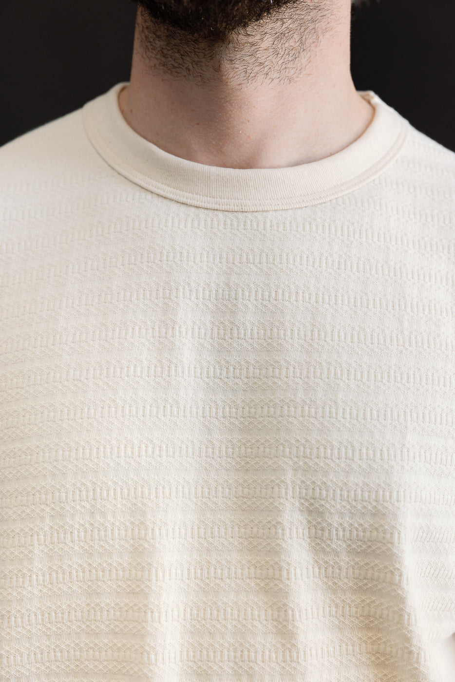 Close-up front of ecru textured knit long-sleeve shirt on male model, showing collar and fabric detail.