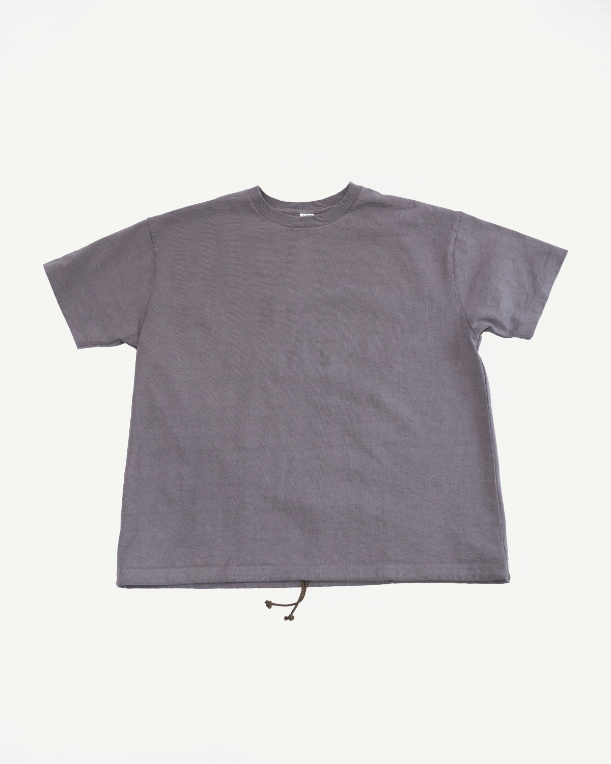 Gray t-shirt flat lay, front view, ribbed crew neck, drawstring hem detail