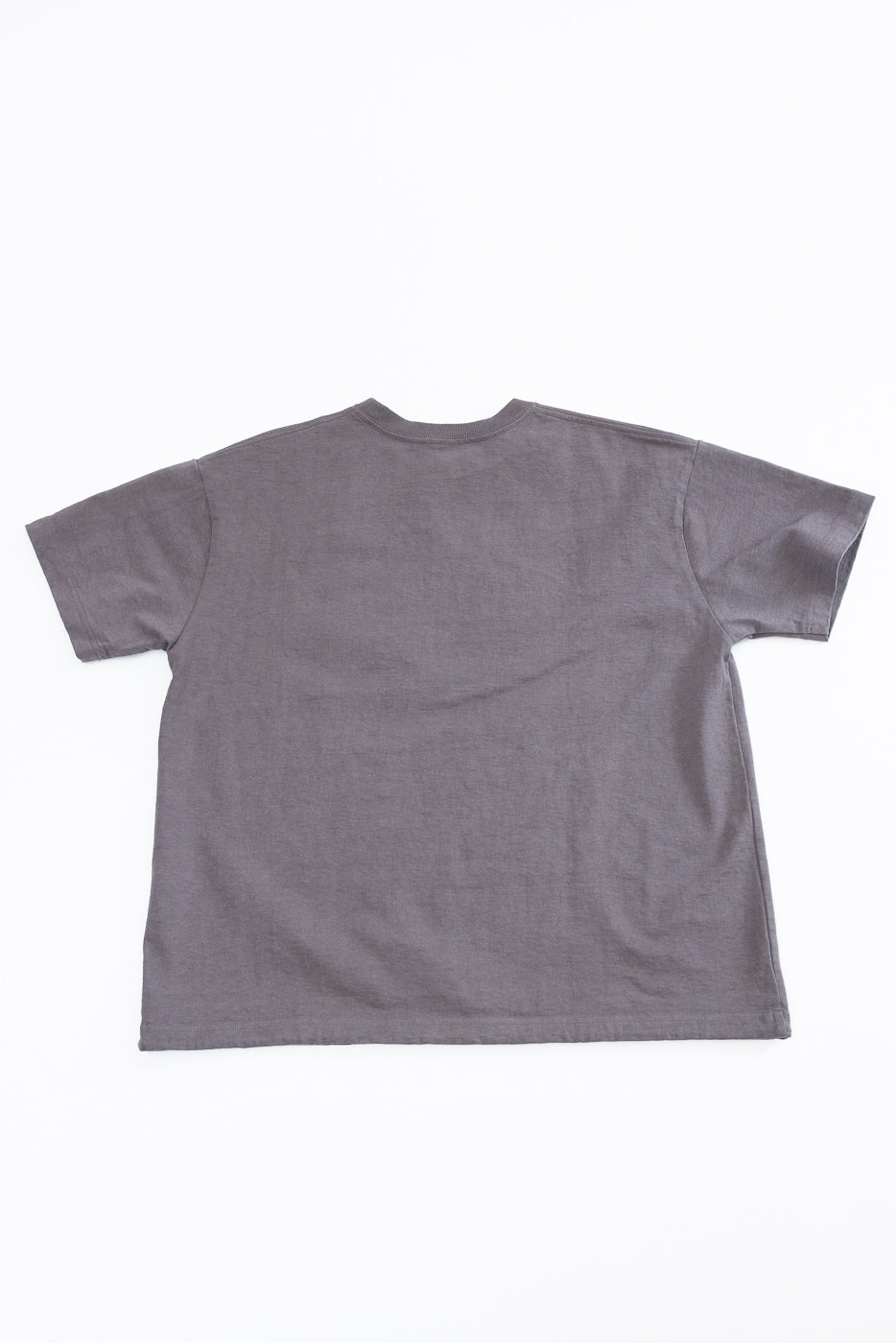 Back view of gray short-sleeve t-shirt, flat lay, showcasing hem and ribbed neckline details