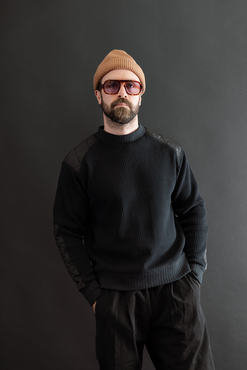 Front full body view of a male model, 5'9