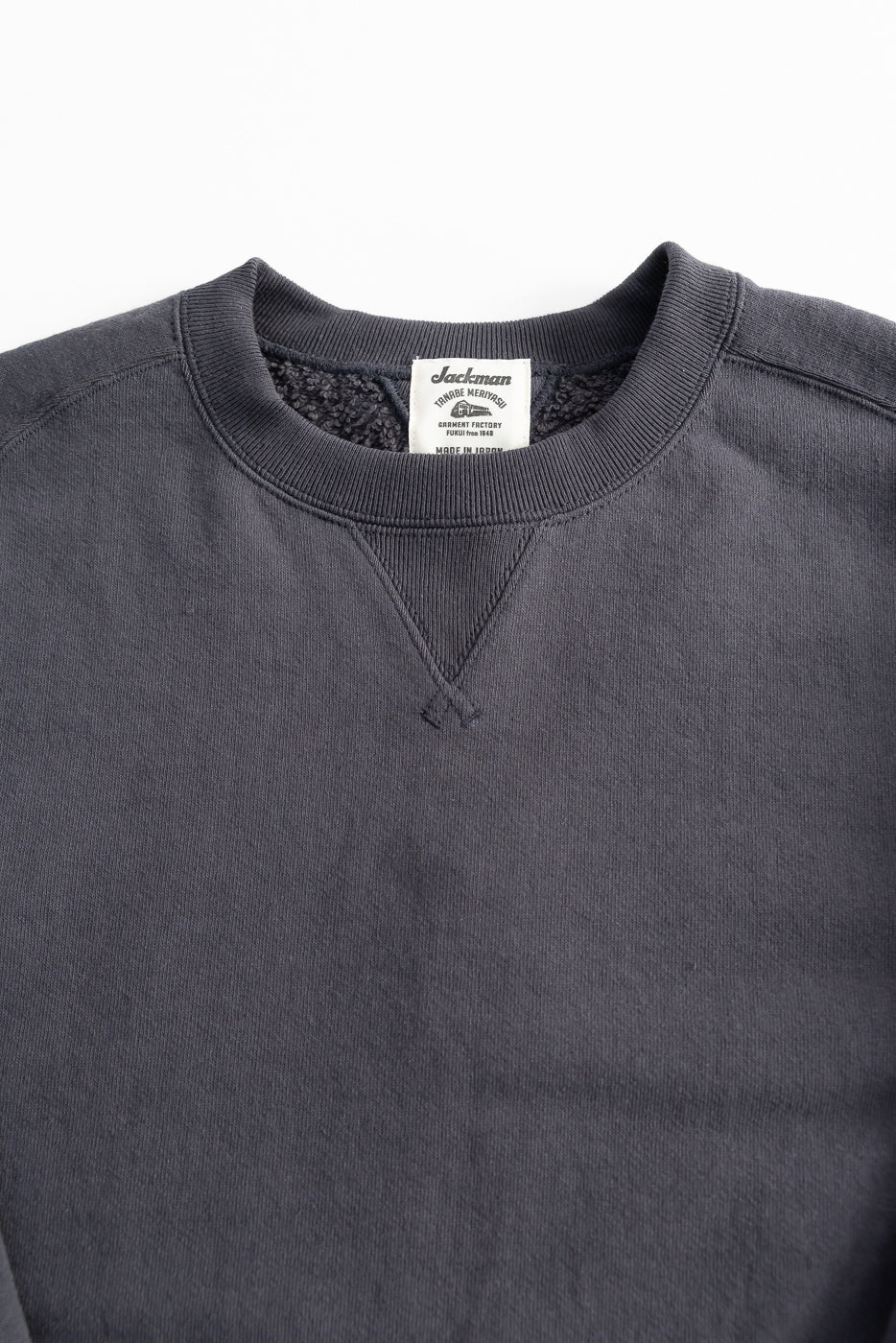 Close-up of Jackman Big Loop Crewneck in ink black, showing front collar, V-stitch, and fabric texture.